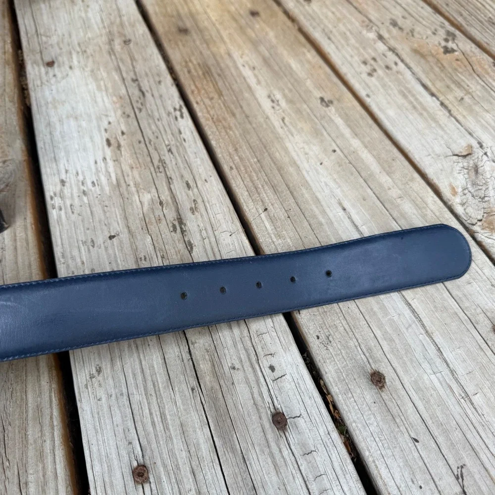 Jacqueline Ferrar Leather Belt Womens Large Navy Blue Gold Buckle Made In Italy
